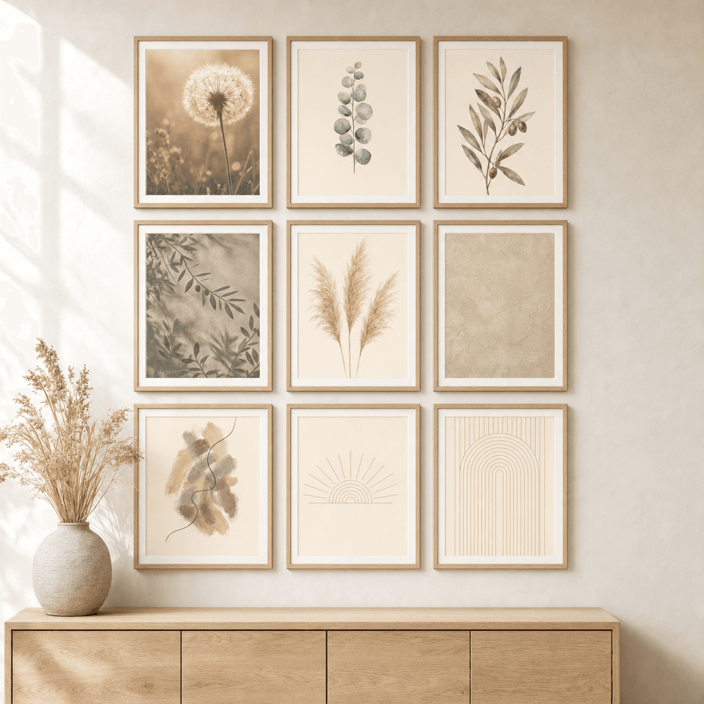 Warm Neutral Boho Wall Art Set of 9, shown framed
