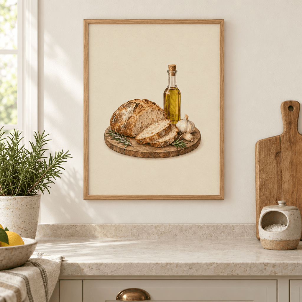 Bread and Olive Oil Kitchen Wall Art, shown framed