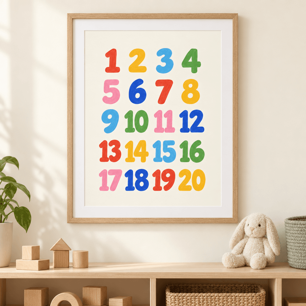 Numbers 1 to 20 Playroom Wall Art, shown framed