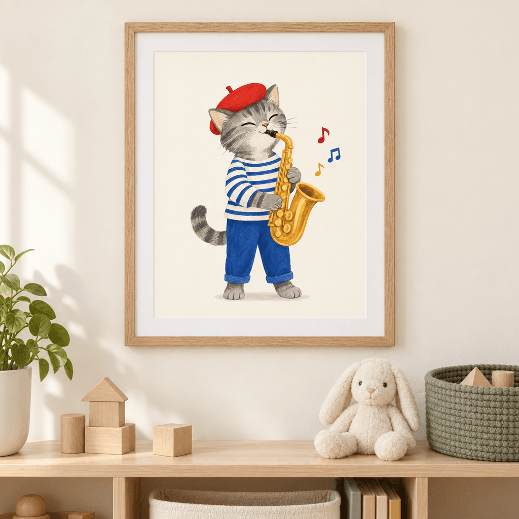 Saxophone Cat Playroom Wall Art, shown framed
