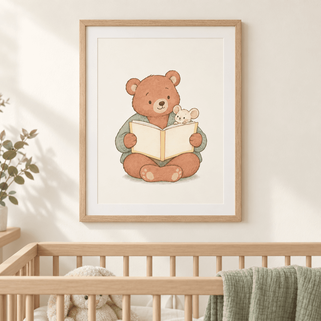 Storytime Bear Nursery Wall Art, shown framed
