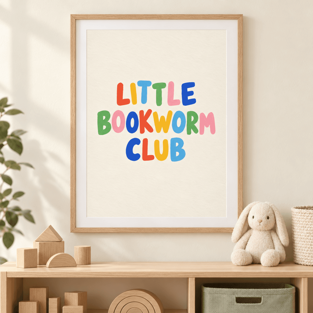 Little Bookworm Club Playroom Wall Art, shown framed