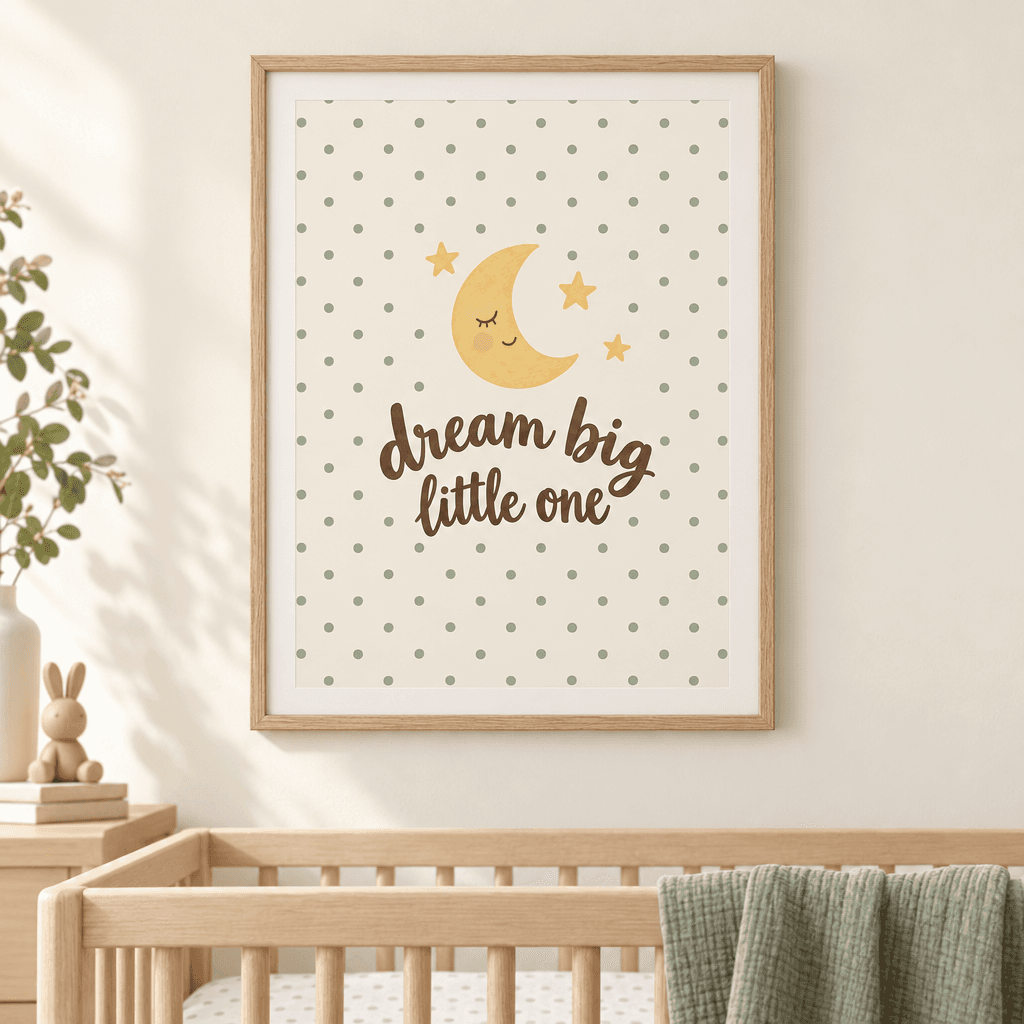 Dream Big Little One Nursery Wall Art, shown framed