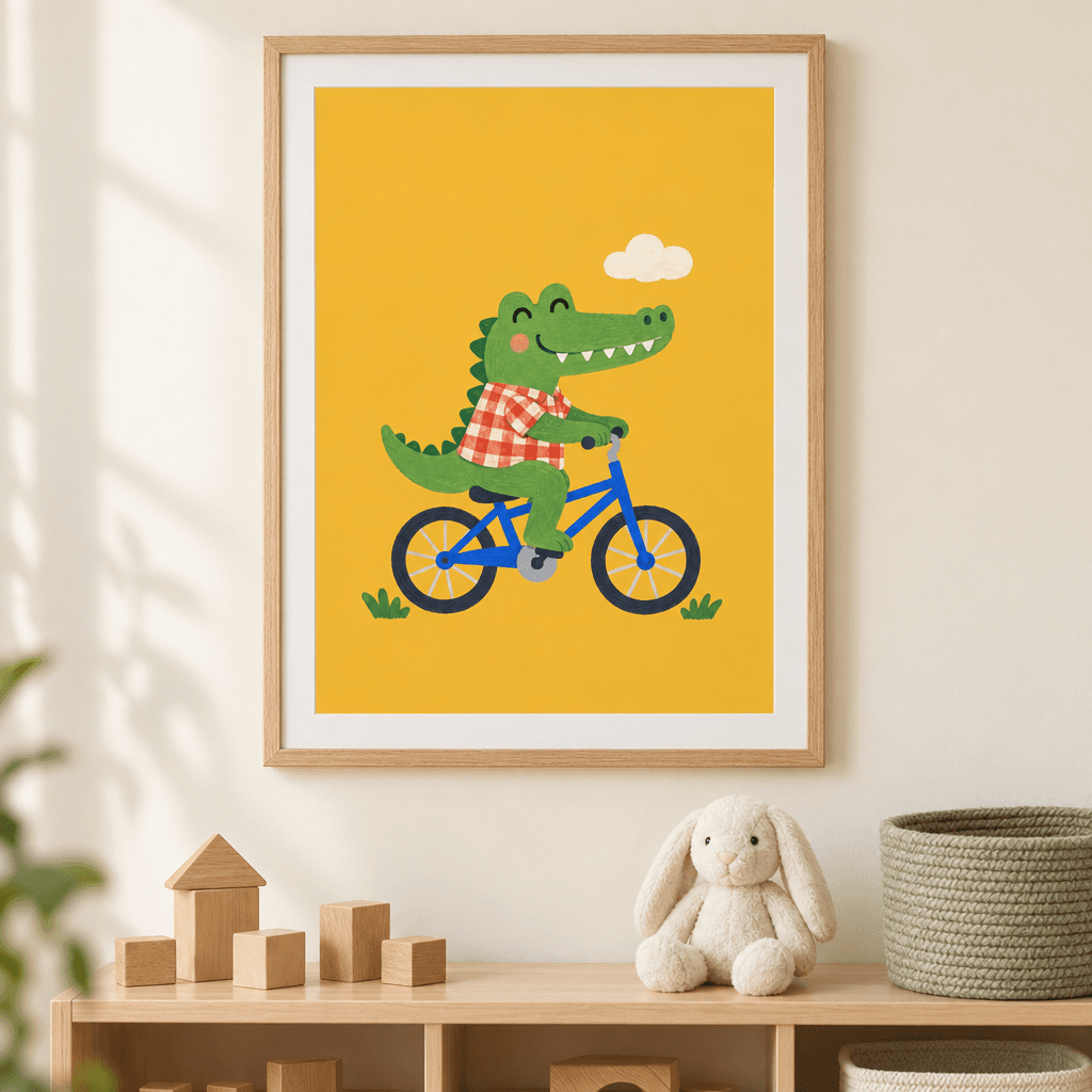 Bicycle Crocodile Nursery Wall Art, shown framed