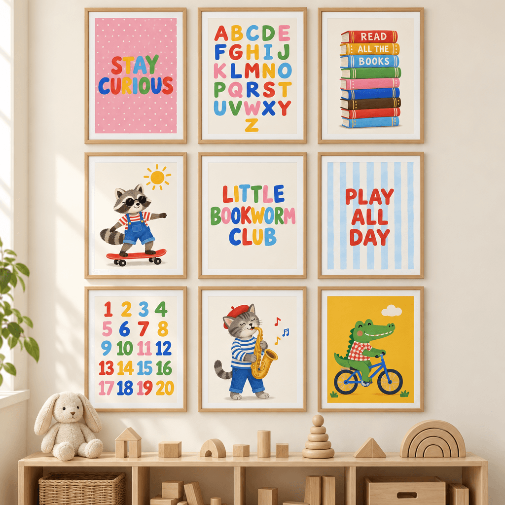 Little Explorers Playroom Wall Art Set of 9, shown framed