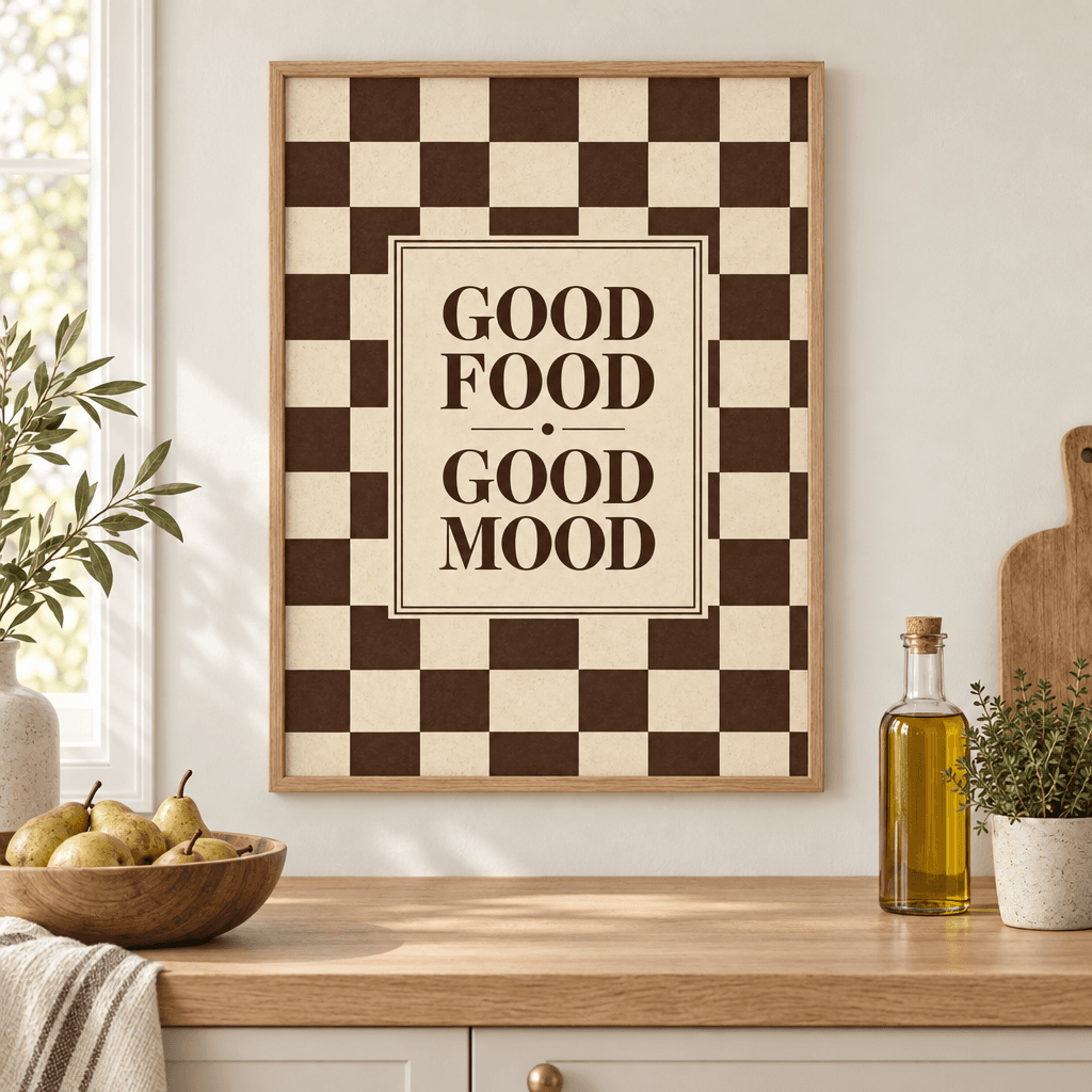 Good Food Good Mood Kitchen Wall Art, shown framed