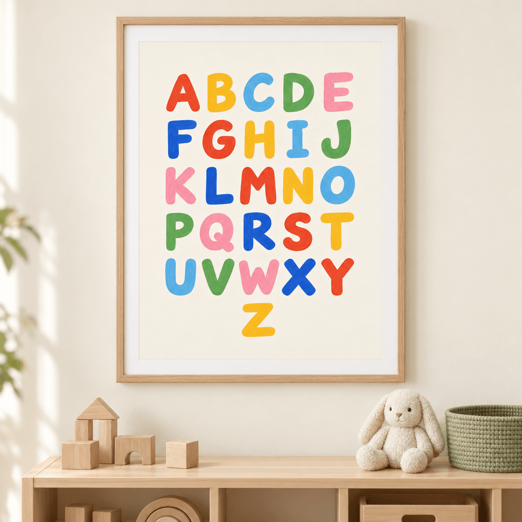 Rainbow Alphabet Playroom Wall Art, shown framed