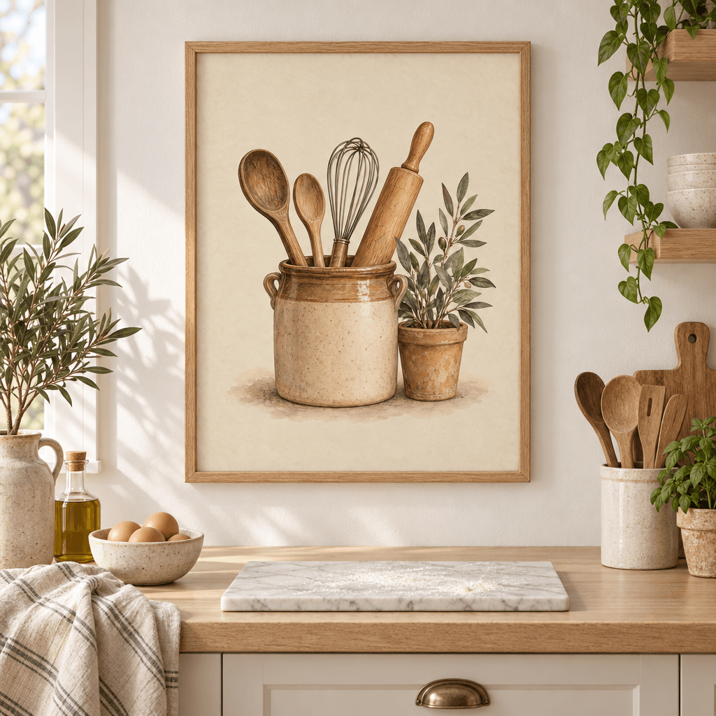 Utensil Crock Kitchen Wall Art, shown framed