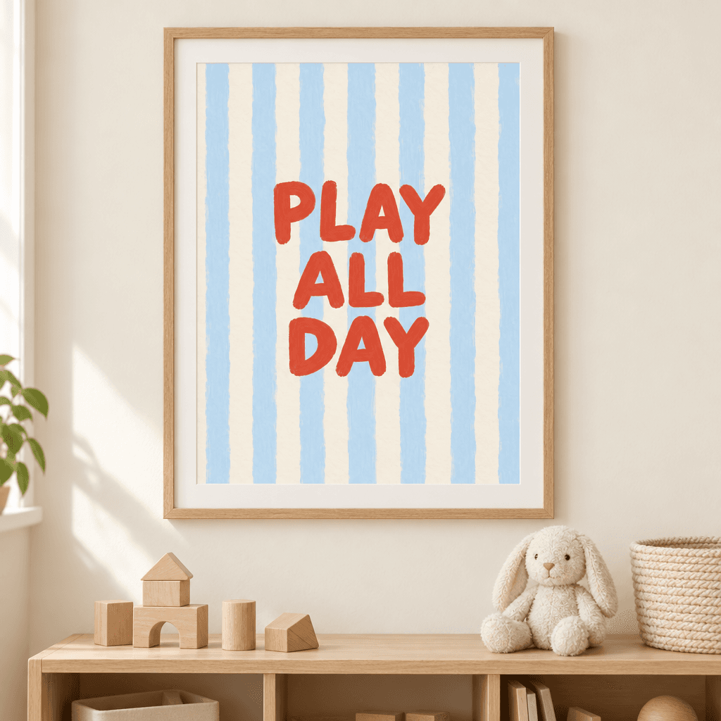 Play All Day Playroom Wall Art, shown framed