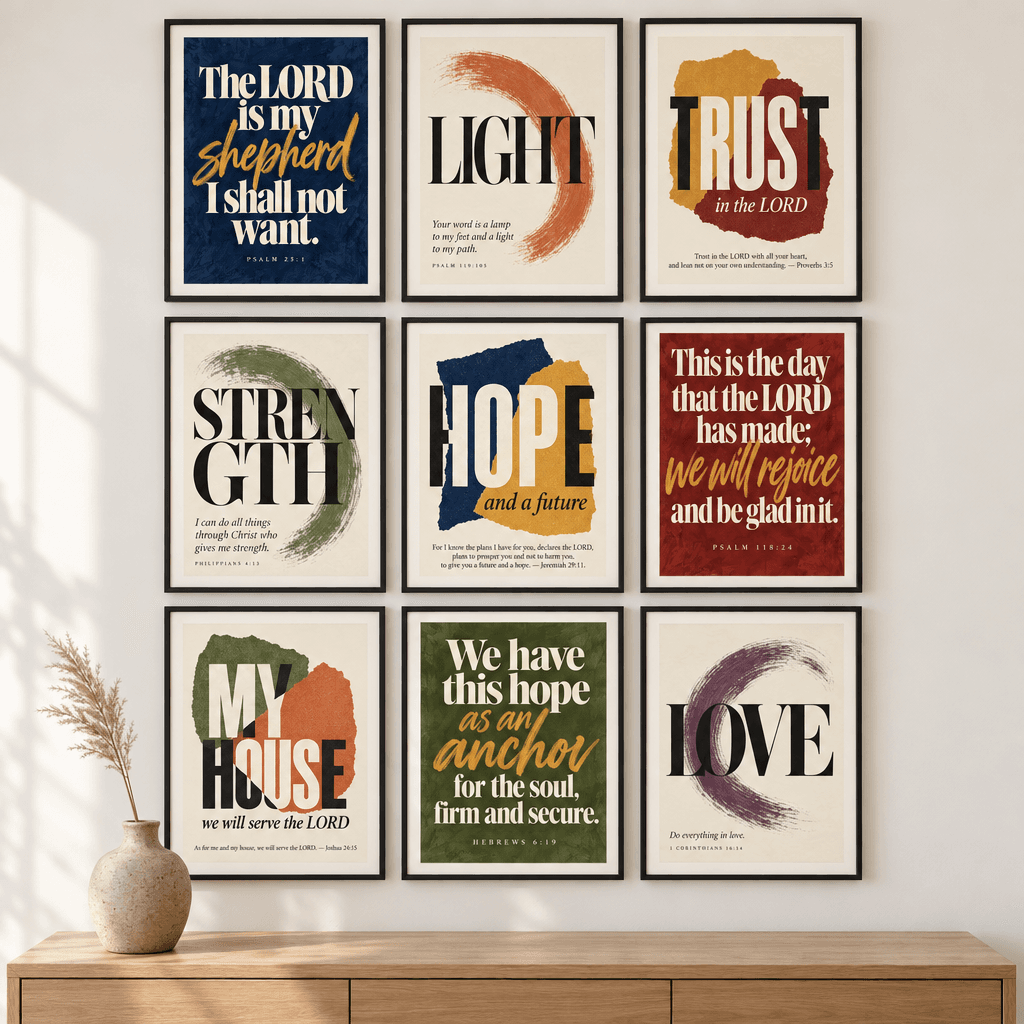 Still Waters Scripture Wall Art Set of 9, shown framed