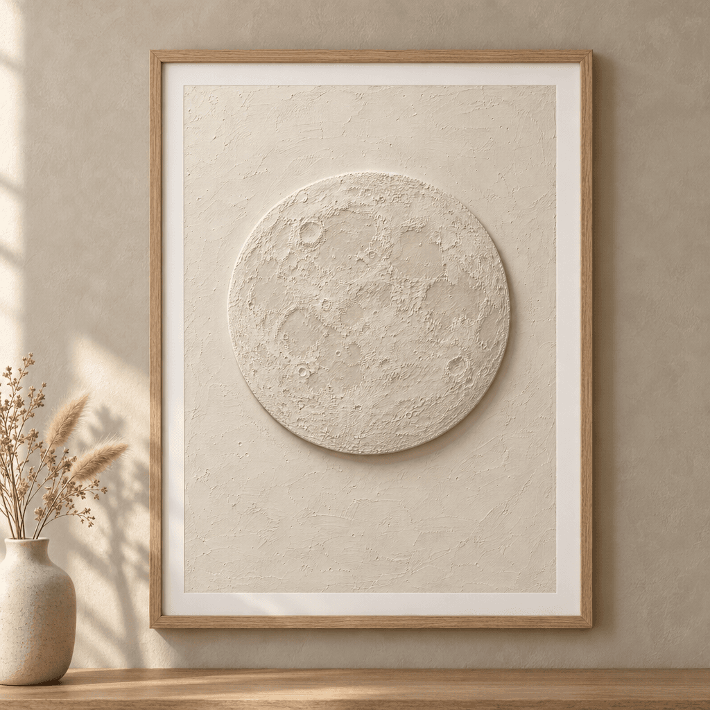 Plaster Moon Textured Wall Art, shown framed