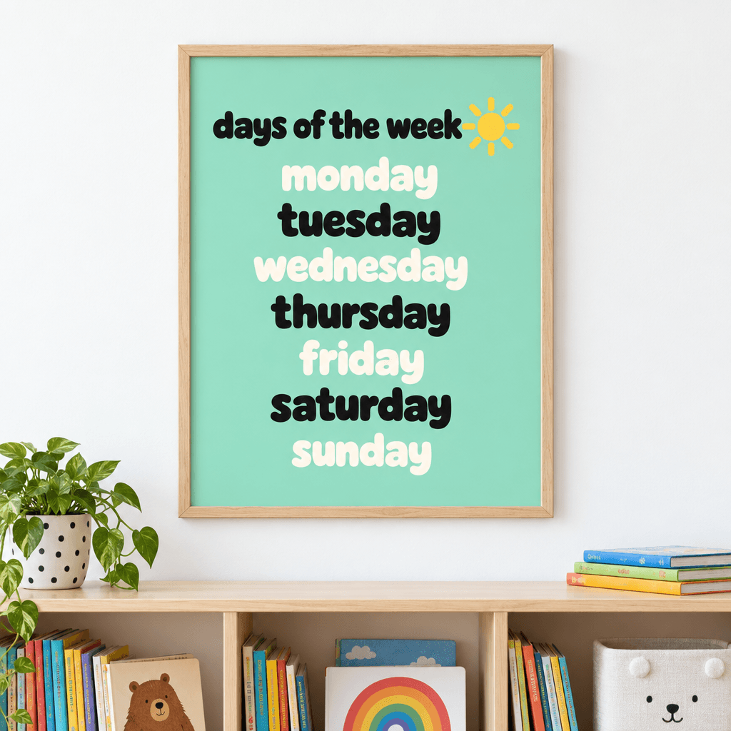 Days of the Week Classroom Decor, shown framed