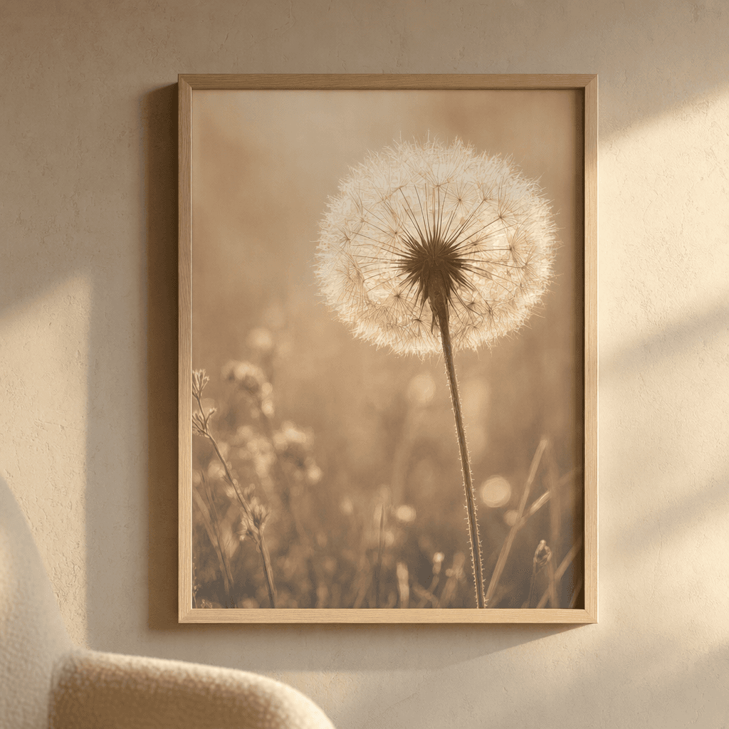 Dandelion Sepia Boho Wall Art, shown framed