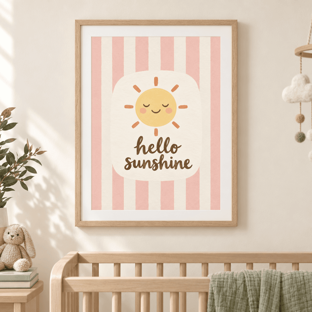 Hello Sunshine Nursery Wall Art, shown framed