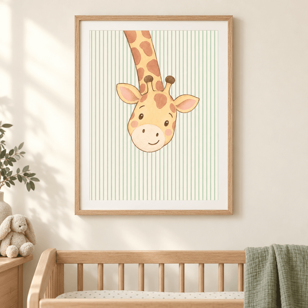 Giraffe Peek Nursery Wall Art, shown framed