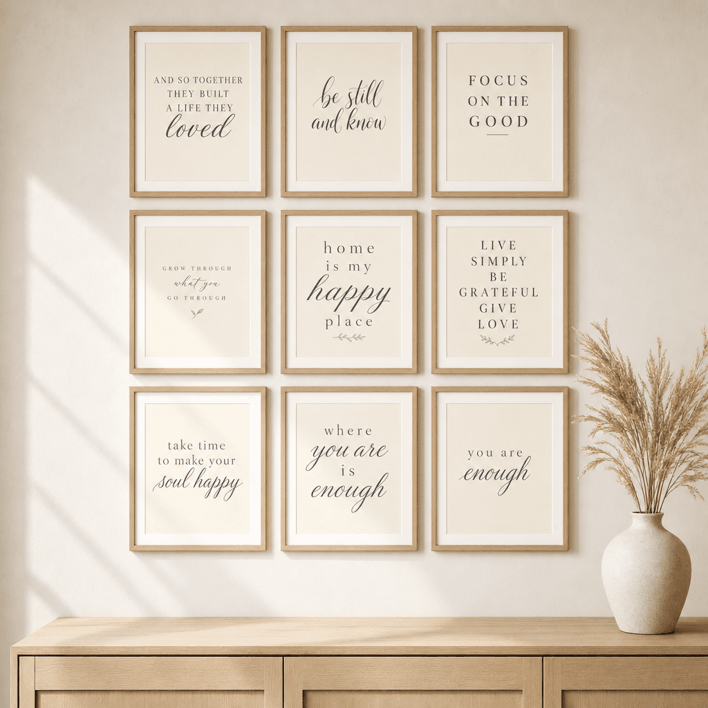 Cream Quote Wall Art Set of 9, shown framed