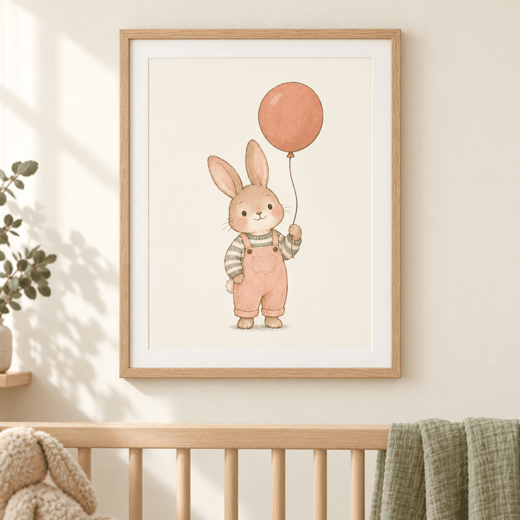 Balloon Bunny Nursery Wall Art, shown framed