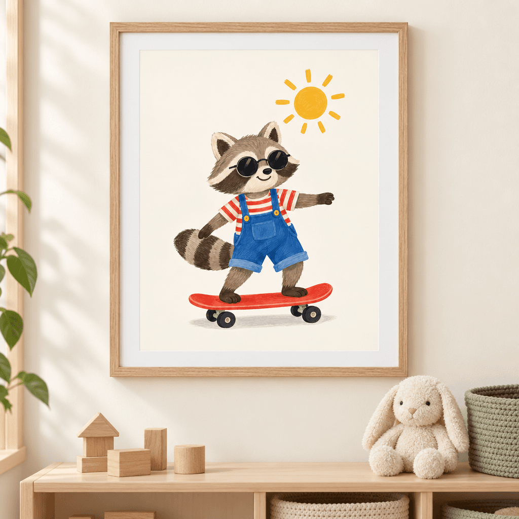Skateboard Raccoon Playroom Wall Art, shown framed