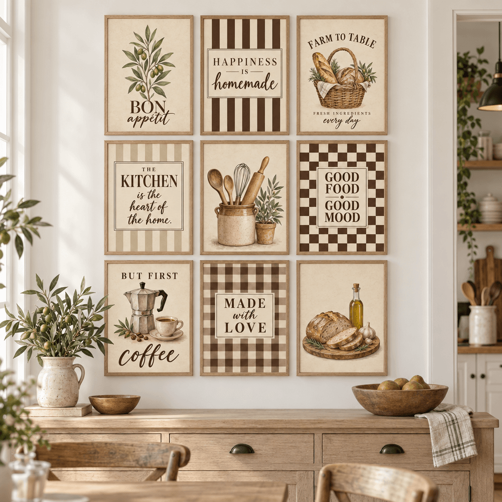 Farmhouse Kitchen Wall Art Set of 9, shown framed