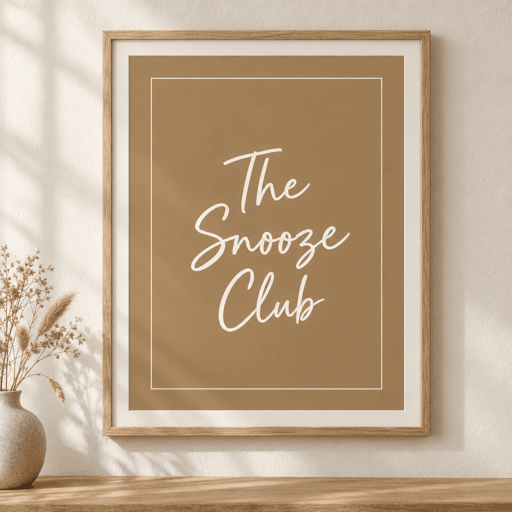 The Snooze Club Neutral Wall Art, shown framed