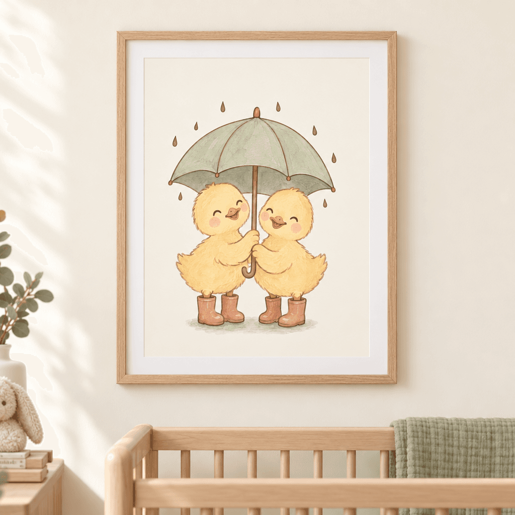 Duckling Wellies Nursery Wall Art, shown framed