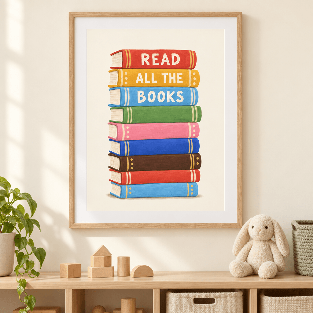 Read All the Books Playroom Wall Art, shown framed