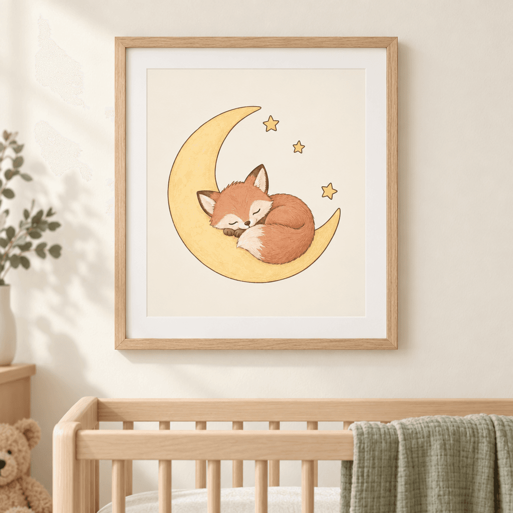 Sleepy Fox Moon Nursery Wall Art, shown framed