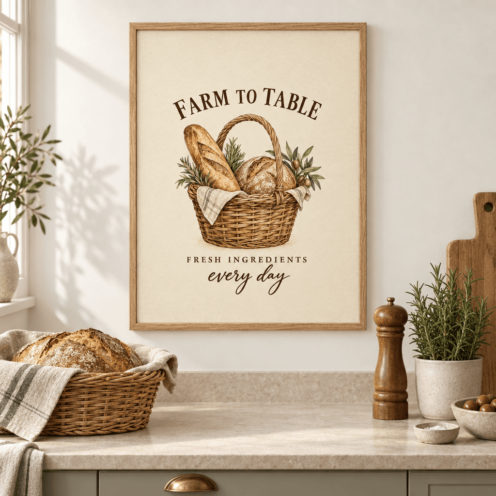 Farm to Table Kitchen Wall Art, shown framed