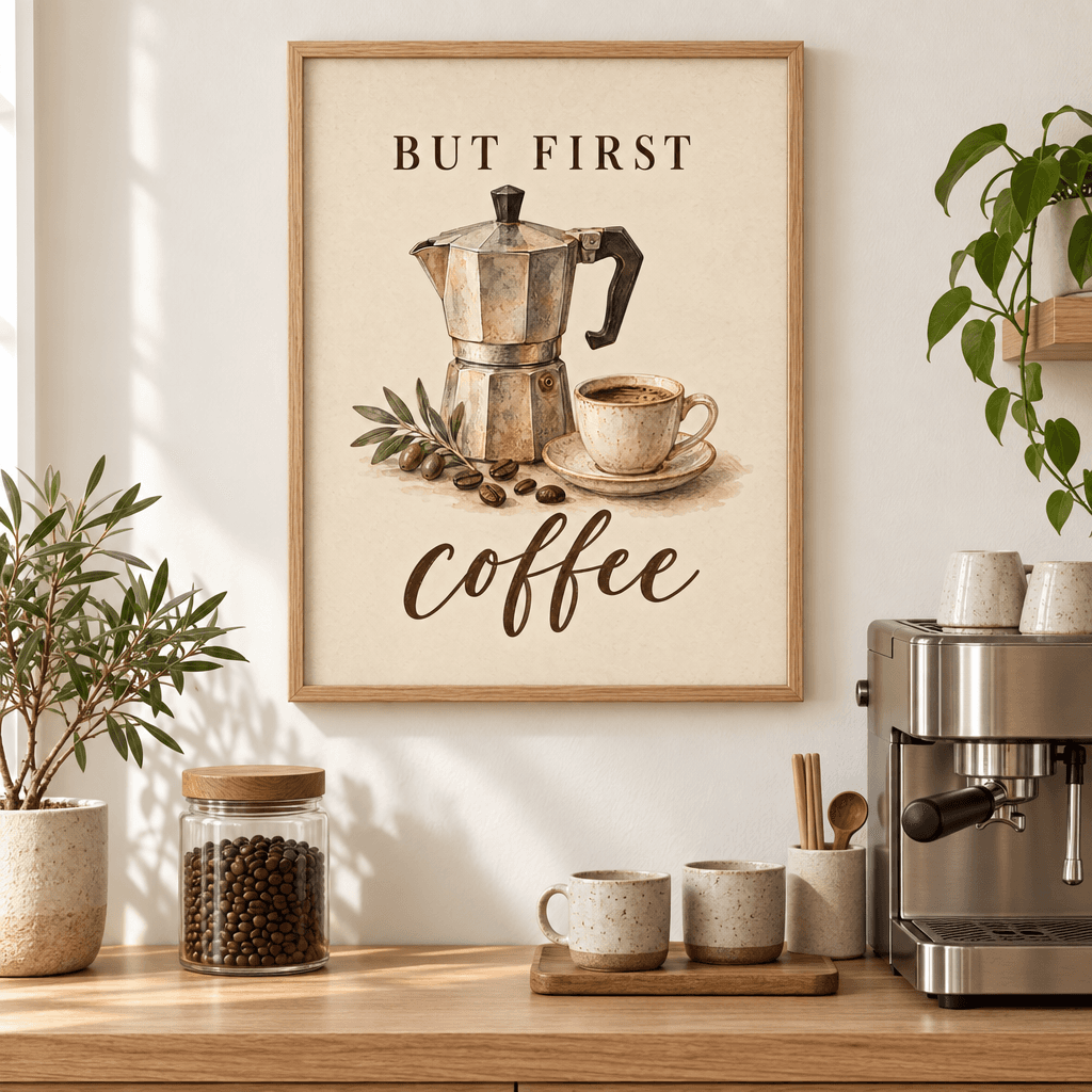 But First Coffee Kitchen Wall Art, shown framed